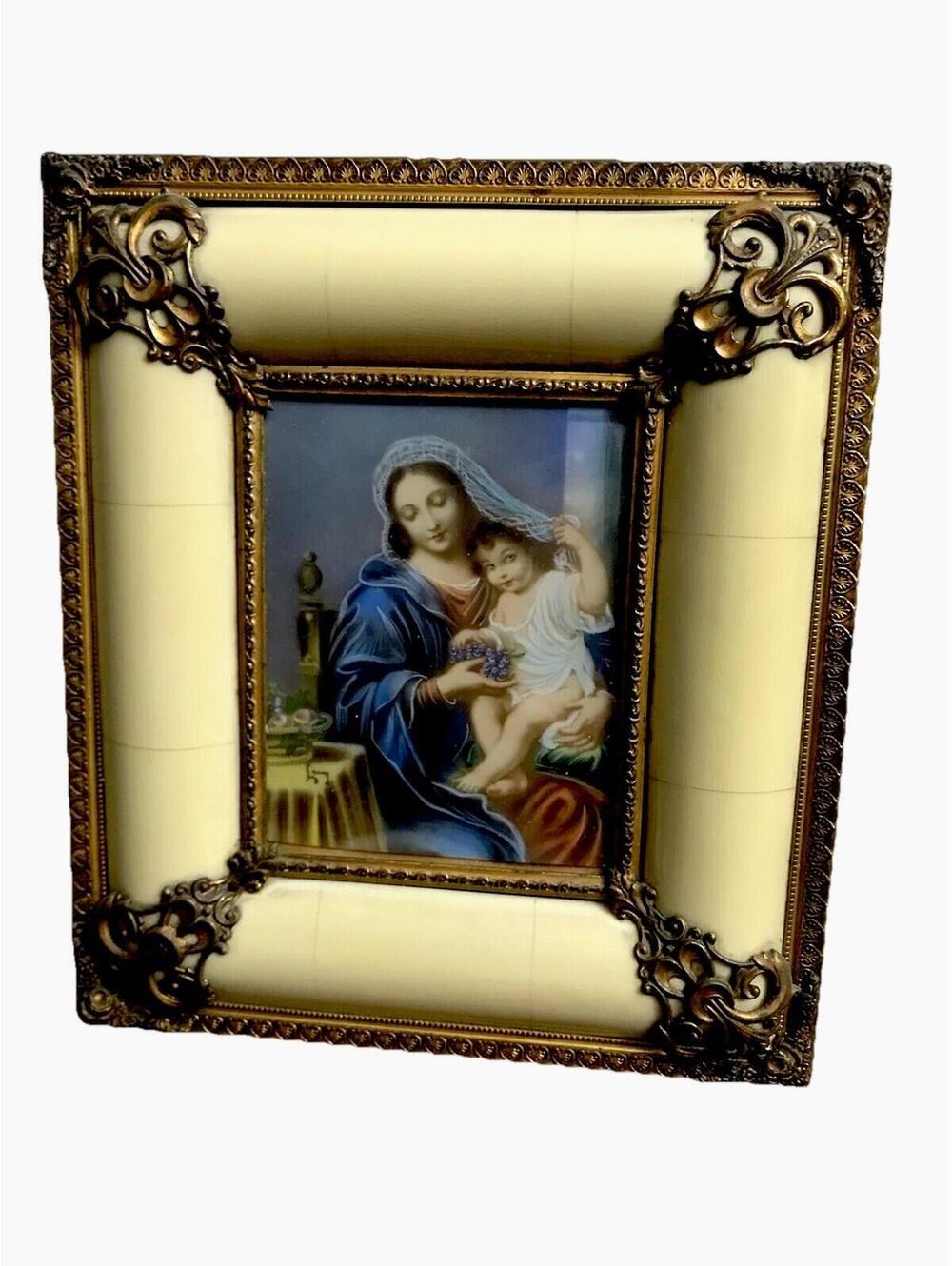 Antique 19th C Miniature Celluoid Madonna & Child Portrait In Gilt Wood Frame
